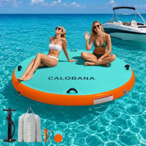 CALOBANA 6ft Round Inflatable Dock, Heavy Duty Water Hammock Floating Ring Island Platform Lake Raft for Adults Party Tanning Pool, Mint Green & Orange