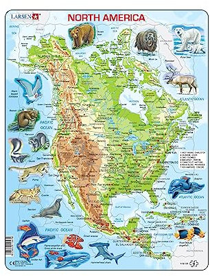 Larsen Puzzle North America Jigsaw, Ages 6+, Topographic Map Puzzle, Learn Geography, Animal Figures, Tray & Frame, 66 pcs, Educational Gift