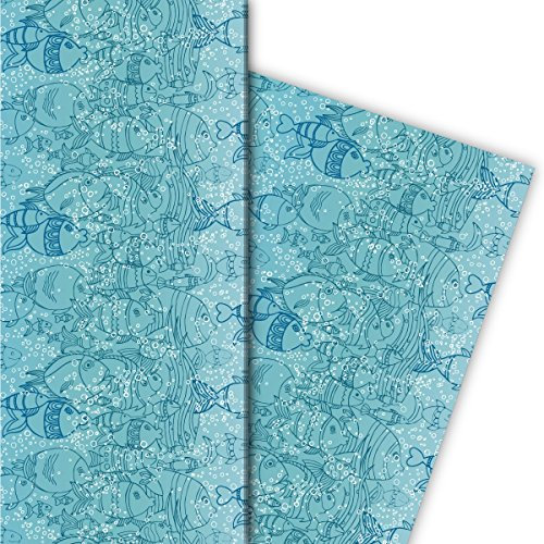 Unter Wasser-Aquariums Geschenkpapier Set (4 Bogen) | Dekorpapier mit Fischen für tolle Geschenk Verpackung zur Taufe, Geburt, Ostern, Geburtstag, Hochzeit, Weihnachten (32 x 48cm), blau