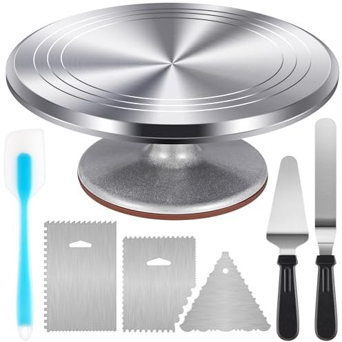 Kootek Aluminium Cake Turntable Set, Baking Tools with Revolving 12 Cake Stand for Decorating, 12.7 Offset Spatula, 3 Stainless Steel Frosting Icing Smoother, Cake Serve Cake Decorating Kit Supplies