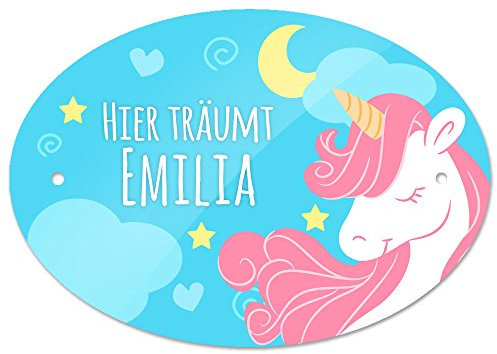 Türschild mit Namen - Hier träumt Emilia - und Einhorn-Motiv für Mädchen | Kinderzimmer-Schild