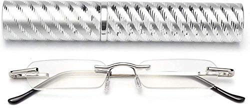 KoKoBin Schlanke Rahmenlose Lesebrille Mini-Taschenleser Sehehilfe mit Stiftetui für Damen und Herren (Silber,+2.5)