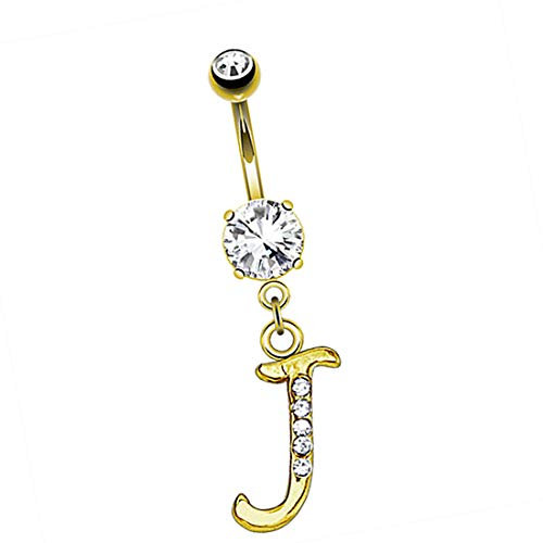 Taffstyle Bauchnabelpiercing Chirurgenstahl Stab Piercing Bauch Bauchnabel Stecker Anhänger mit Glitzer Kristall Zirkonia Lang Vergoldet Gold Buchstabe J