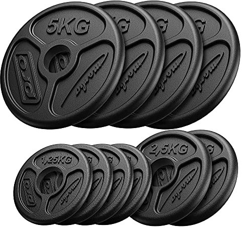 Marbo Sport Olympia Hantelscheiben-Set aus Gusseisen, Gewichte mit Aufnahme Ø51 mm, 4 x 1,25 kg + 2 x 2,5 kg + 4 x 5 kg (Gesamtgewicht 30 kg)