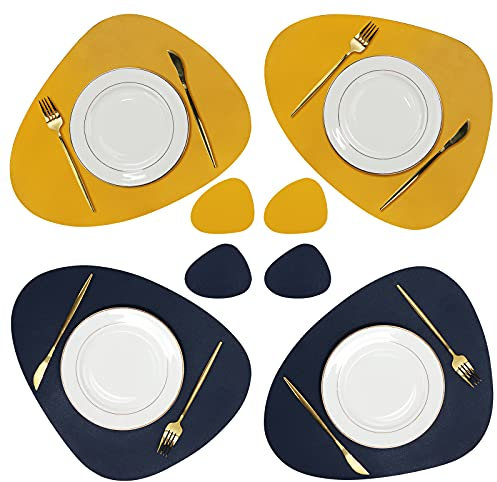 Olrla Tischsets und Untersetzer-Sets 4, PU-Leder-Tischset rutschfest abwischbar wasserdicht für Küche Indoor Esstisch Restaurant (Tiefblau/Gelb)