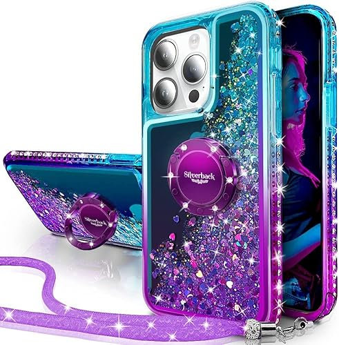 Silverback for iPhone 14 Pro Case, Moving Liquid Holographic Glitter Case With Kickstand, Women Girls Bling Diamond Ring Shockproof Protective Cover for iPhone 14 Pro 5G 6.1''- Purple