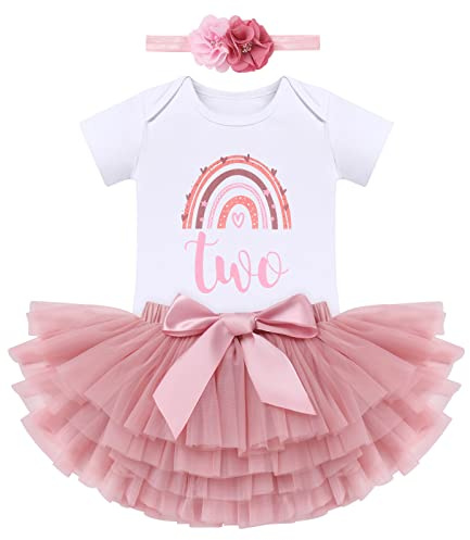Boho Rainbow Second Birthday Outfit for Baby Girl Two Years Old Party Cake Smash Photo Shooting Cotton Short Sleeve Romper Bodysuit Princess Tutu Tulle Skirt Flower Headband 3pcs Set Dusty Pink Two