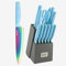 hecef Knife Set with Block and Sharpener, Grey Knife Block with Rainbow Titanium Knives, Martensitic Stainless Steel Chef Knife Set for Cooking