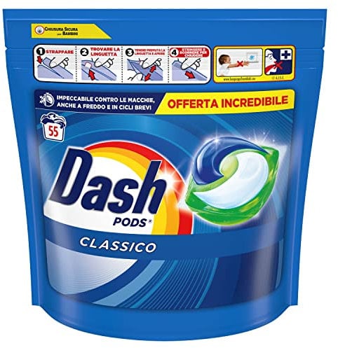 Dash Pods Detersivo Lavatrice In Capsule, 55 Lavaggi, Classico, Rimuove Le Macchie, Brillantezza Per I Capi, Efficace Anche A Freddo E In Cicli Brevi