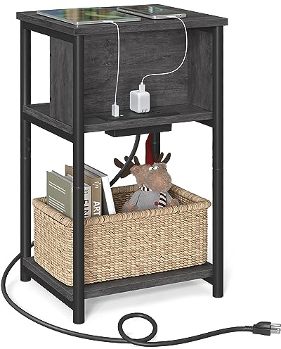VASAGLE Side Table with Charging Station, 3-Tier End Table with USB Ports and Outlets, Nightstand for Living Room, Bedroom, 11.8 x 13.4 x 22.8 Inches, Plug-in Series, Misty Gray and Black