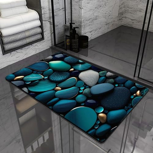 Olnamaro Badematte Stein(3D-Muster) Badematte Rutschfester Badezimmerteppich Absorbierender Badteppich 80x50cm,Schnelltrocknende Badematte,Garnieren Sie die Stimmung (Blau, 80x50CM)