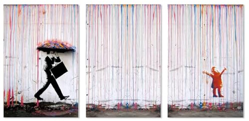 Banksy Leinwand-Wandkunst: buntes Regen-Graffiti-Poster, gerahmtes Pop-Graffiti-Wanddekor, 3 Stück, Banksy-Gemälde, Bild, Kunstwerk für Schlafzimmer, Wohnzimmer, 30,5 x 40,6 cm