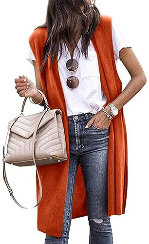 PDYLZWZY Chaleco largo de punto para mujer, sin mangas, bolsillos delanteros abiertos, chaleco de plumero drapeado casual, naranja, L