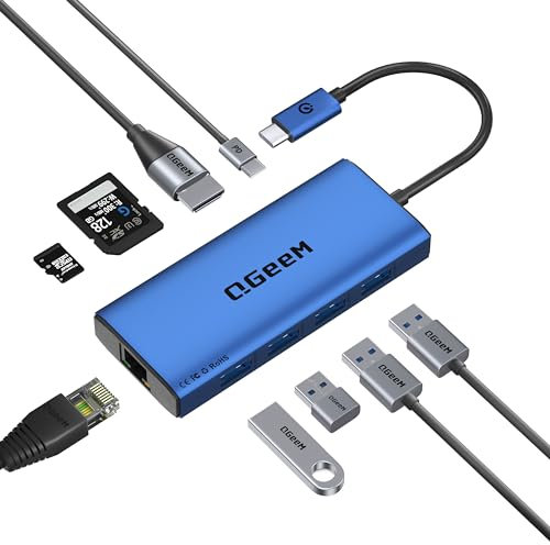 QGeeM Laptop Docking Station with HDMI 4K, 9 in 1 USB C Hub, 1000Mbps LAN, 100W PD, USB 3.0/2.0, SD/TF Card Reader, USB C Dock Compatible with iPhone 15/Mac/Dell/HP/Surface/Steam Deck-Blue