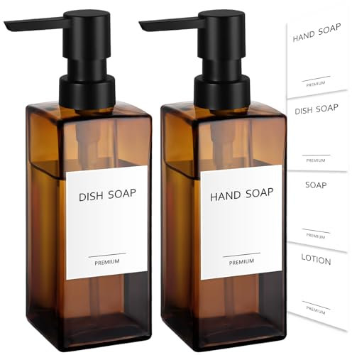 GMISUN Hand Soap Dispenser, 2 Pcs Amber Glass Soap Dispensers for Bathroom, 12 Fl oz Dish Soap Dispenser Set for Kitchen, Refillable Washing up Liquid Dispensers with Labels, Handwash Pump Bottle