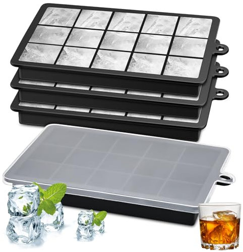 FIOUSY Silicone Ice Cube Tray, Flexible Ice Cube Tray with Removable Lid, 4 PCS of Ice Cube Moulds Set and 15 Ice Cub Per Tray for Whiskey (4 Pack) (Black)