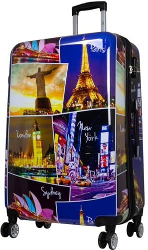 Warenhandel König Hartschalen Koffer Trolley mit hochwertigem Motiv Print Five Cities mit Dehnfalte, Größe XL