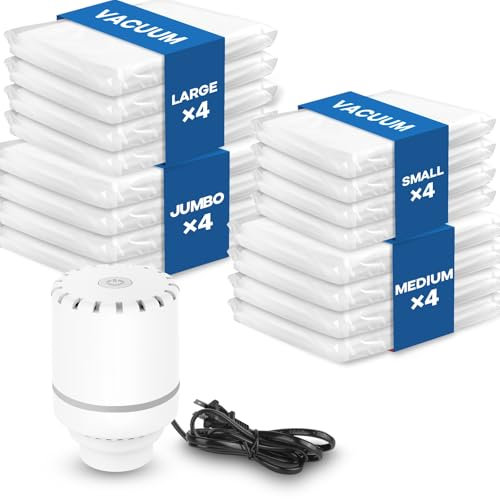 Vakuumbeutel für Kleidung mit elektrischer Luftpumpe, 16er Pack (4 Jumbo/4 groß/4 mittel/4 klein), Vakuumbeutel für Bettdecken, Matratzen, Decken, Kissen, Bettwäsche, Reisen, Umzug