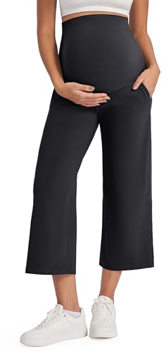G4Free Wide Leg Maternity Trousers Over The Belly Capris Yoga Pants for Women UK Stretch Lounge Pregnancy Cropped Work with Pockets(Black,M,21)