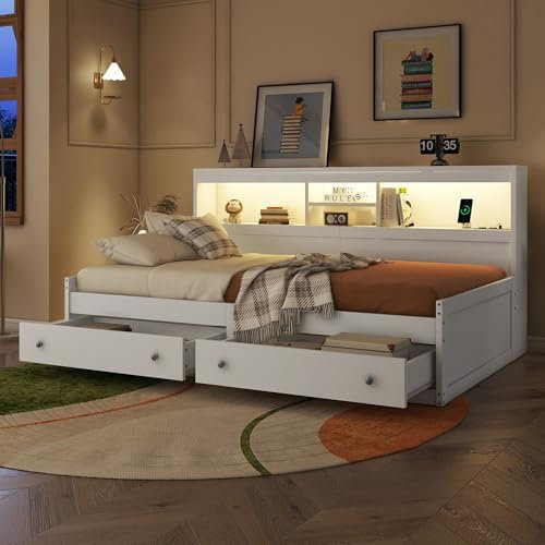 Holzbett 90x200 mit LED Beleuchtung und 2 Schubladen, Funktionsbett mit Staufach und USB Ladefunktion, Sofabett Kinderbett Jugendbett Bettgestell Tagesbett Gästebett Daybett, ohne Matratze, Weiß