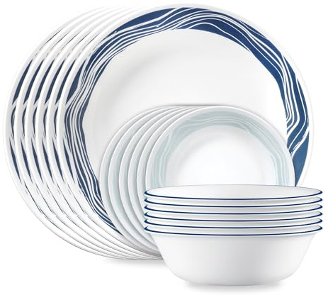Corelle Vitrelle 18-teiliges Service für 6 Geschirr-Set, dreilagiges Glas und splitterfest, leichtes rundes Teller- und Schüssel-Set, Acadia