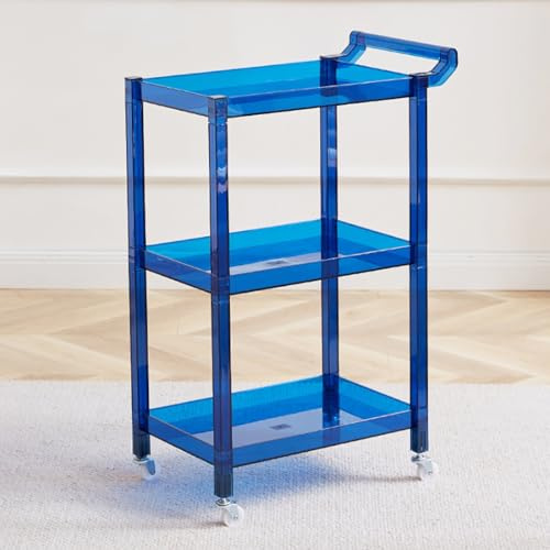 KEJIAWU Beistelltisch Couch,3-Ebenen Acryl-Beistelltisch mit Rollen und Griff, Multifunktionsbarwagen for Küche, Wohnzimmer oder Esszimmer, Raumsparend(Blue)