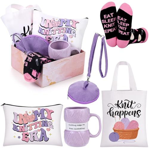 Amylove 6 Stück Häkelgeschenke für Frauen Häkelbecher Neuheit Socken Lustige Stricken Leinwand Tragetasche Kosmetiktasche Tragbare Garnhalter & Box Weihnachten Geburtstag Strickgeschenke für Häkeln