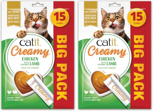 Catit Creamy Chicken & Lamb Lickable Cat Treats for Cats and Kittens, Cat Treat Licky Snack, Grain-Free Lick Treat, 15 x 10g Multipack (Pack of 2)