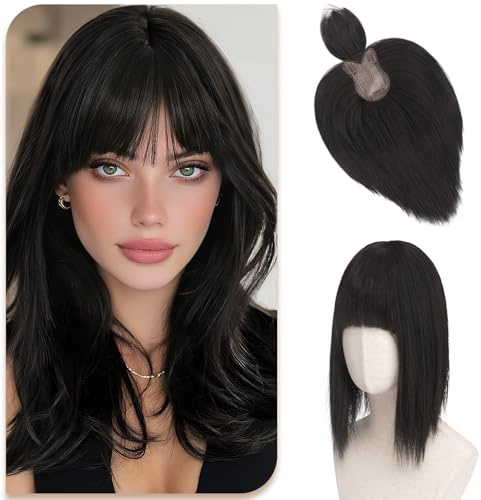 Sofeiyan Haar Toppers für Frauen,30 cm Glattes Clip in Haar-Topper mit Pony,Natürliches Schwarz 62 g Synthetische Haarteile für Dünnes,8 * 12cm Realistische Kopfhaut Haarstücke Geeignet Kahl,2/4#