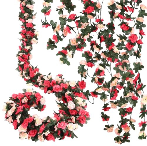 4X 2,5m Künstliche Rosengirlande, Wetterfeste Blumengirlande mit Realistischen Rosen, Flexible Kunstblumen Girlande für Hochzeit, Garten, Balkon, Innen- und Außendeko, Hängend & Dekorativ
