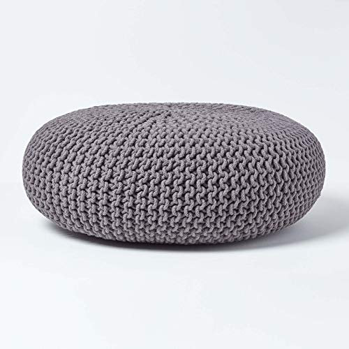 Homescapes Pouf Strickpouf rundes Bodenkissen, Sitzpouf 70 x 23 cm, gepolsterter Sitzhocker, Sitzpuff/Puff mit grob gestricktem Bezug aus 100% Baumwolle, Strickpuff, grau