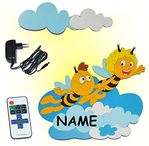 alles-meine.de GmbH 3-D Wandlampe - LED - Biene Maja und Willi incl. Name - dimmbar mit Fernbedienung/Lichtprogrammen aus Holz - Lampe mit Schalter für Kinder - Kinderzimmer Ki..