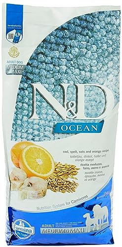 Farmina N&D Ocean Pellets Hundefutter (Trockenfutter, mit hochwertigen Vitaminen und natürliche Antioxidantien, ohne Mais, Zutaten: Kabeljau, Dinkel, Hafer und Orange, Portionsgröße: 12 kg)