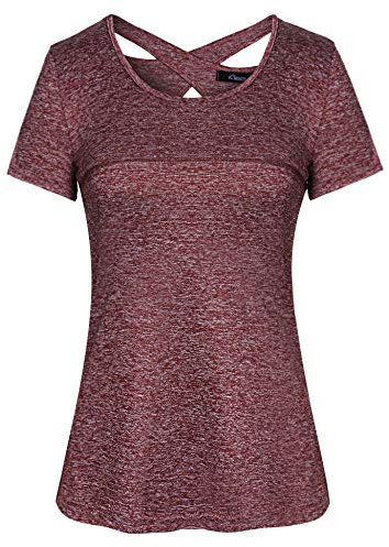 iClosam Damen Sportshirt Yoga Top Laufen Fitness Funktions Shirt, Wein Rot, XXL
