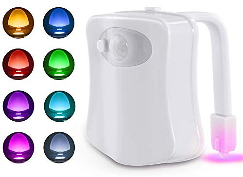 Veilleuse à détecteur de mouvement pour cuvette de toilette - Fonctionne avec piles - 8 couleurs changeantes - Détecteur de mouvement - Veilleuse LED - Convient à toutes les toilettes