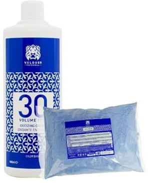 Valquer Pack Decolorante de Cabello Profesional Permanente. Polvos Deco Blue 500 g y Agua Oxigenada 30 Vol 9% 1 L. Alta Aclaración del Pelo hasta 6 Tonos con Proteínas de Trigo. Vegano
