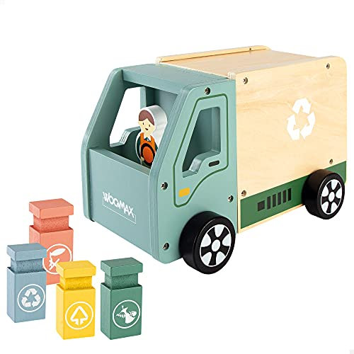 WOOMAX - Camión basura de juguete, Camión de madera, Camión basura de madera, Camión de reciclaje, 3 cubos de reciclaje, Juguetes de madera, Juguetes educativos, WOOMAX, +18 meses (49339)