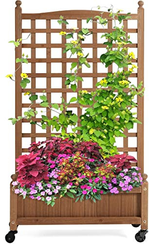 Yaheetech Raised Bed Fir Wood Raised Garden Bed Raised Planter Box for Vine Climbing Plants with Trellis and Wheels for Vegetable Flower Herbs