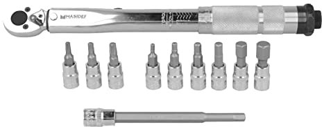 MASIDEF Drehmomentschlüssel 1/4 Zoll zum Spannen und Lösen von Bolzen, Muttern und Schrauben, Spannweite 5 – 25 Nm, mit Steckschlüssel und austauschbaren Einsätzen, Stahl, mit Koffer