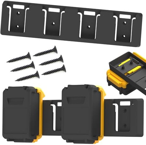 SZWJT-LV Battery Rack Compatible with DeWalt 20V Battery Holder, Mount 4 Slot Bulk Battery Garage Tool, Tools for Dewallt 20v, Wall Display Hook Holder (Black 1pc)