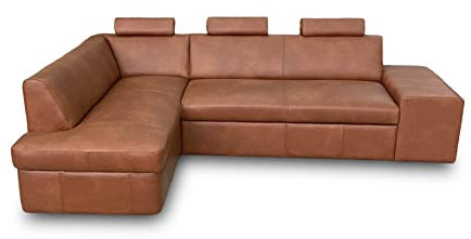 Quattro Meble Ecksofa Antalya III 3z 266 x 164cm Echtleder mit Ziernaht Sofa Couch mit Schlaffunktion, Bettkasten und Kopfstützen Eck Couch Echt Leder Granada Savannah. (164 x 266 Ecke Links)