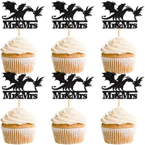 Keaziu 24 PCS Black Dragons Cupcake Toppers Black Glitter Cake Picks Mr and Mrs Cupcake Topper for Dragon Themed Party Baby Shower Birthday Theme Party Cake Decorating Black Mr