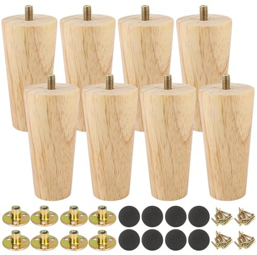 CYEER 8 PCS Wooden Furniture Legs, 10CM Straight Solid Wooden Table Legs, 4 Inch Round Sofa Legs Chair Legs Wood Replacement Feet Wooden Legs for Furniture Couch Armchair Cabinet Table