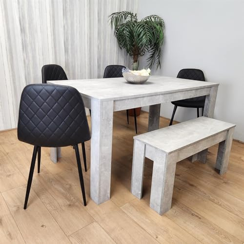 KOSY KOALA Dining Table Set with Bench and Chairs Grey Concrete Effect Kitchen Dining Table with 4 Black Faux Leather Dining Chairs and Bench Modern Dining Room Furniture 140 x 80 x 75 cm
