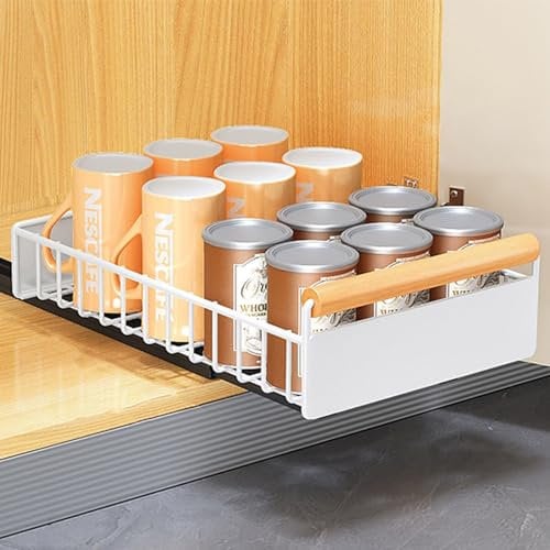 Gzsekken Pull Out Cabinet Organiser Extendable Slide Out Drawer for Cupboard Roll-Out Metal Sliding Drawer Drill-Free Cupboard Organiser for Kitchen,Living Room,Bedroom Organisation White 38*24*9cm
