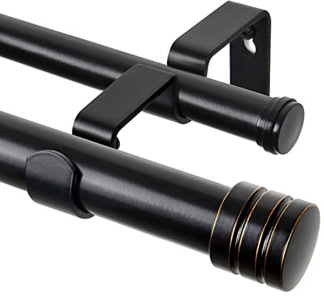 TONIAL 2,5 cm Doppel-Gardinenstangen 91,4 bis 182,9 cm (3 bis 1,8 m), robuste dekorative Gardinenstange für Fenster 61 bis 172 cm (2 bis 1,7 m) mit klassischem Kappen-Endstück, Schwarz