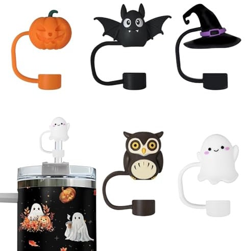 CEDIDJAC 5 PCS Halloween Straw Covers Cap For Stanley Cup Compatible with Stanley 30-40 oz Tumbler Silicone Straw Toppers,Reusable Straw Cover for Halloween Stanley Cup Accessories