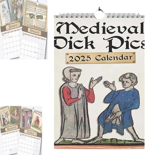 Medieval Dick Pics 2025 Kalender, schüchterner mittelalterlicher illustrierter Kalender, Prank Medieval Dick Pic Art Wandkalender, lustiger Bare Medieval Art 12-Monats-Wandkalender (1pc)