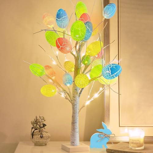 Osterdeko, Osterbaum mit 12 Bunten Ostereier, Ostern Tischdekoration, Osterdeko für Draußen, Warmweiß LED Lichterbaum, Osterzweige Osterdekoration Osterdeko Eier Lichterketten für Innen Deko Frühling