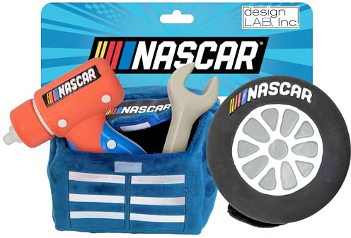 design LAB, Inc. NASCAR Official Merchandise | Dog Toy Bundle with Latex Race Car, Plush Tool Box & Impact Wrench Tug Toy for Dogs| Interactive Squeaky Dog Toys with Treat Compartments & Rope Tug